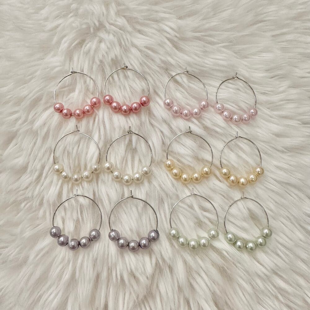 New handmade set of six (6) pairs pearl round hoop earrings rainbow colors 30mm